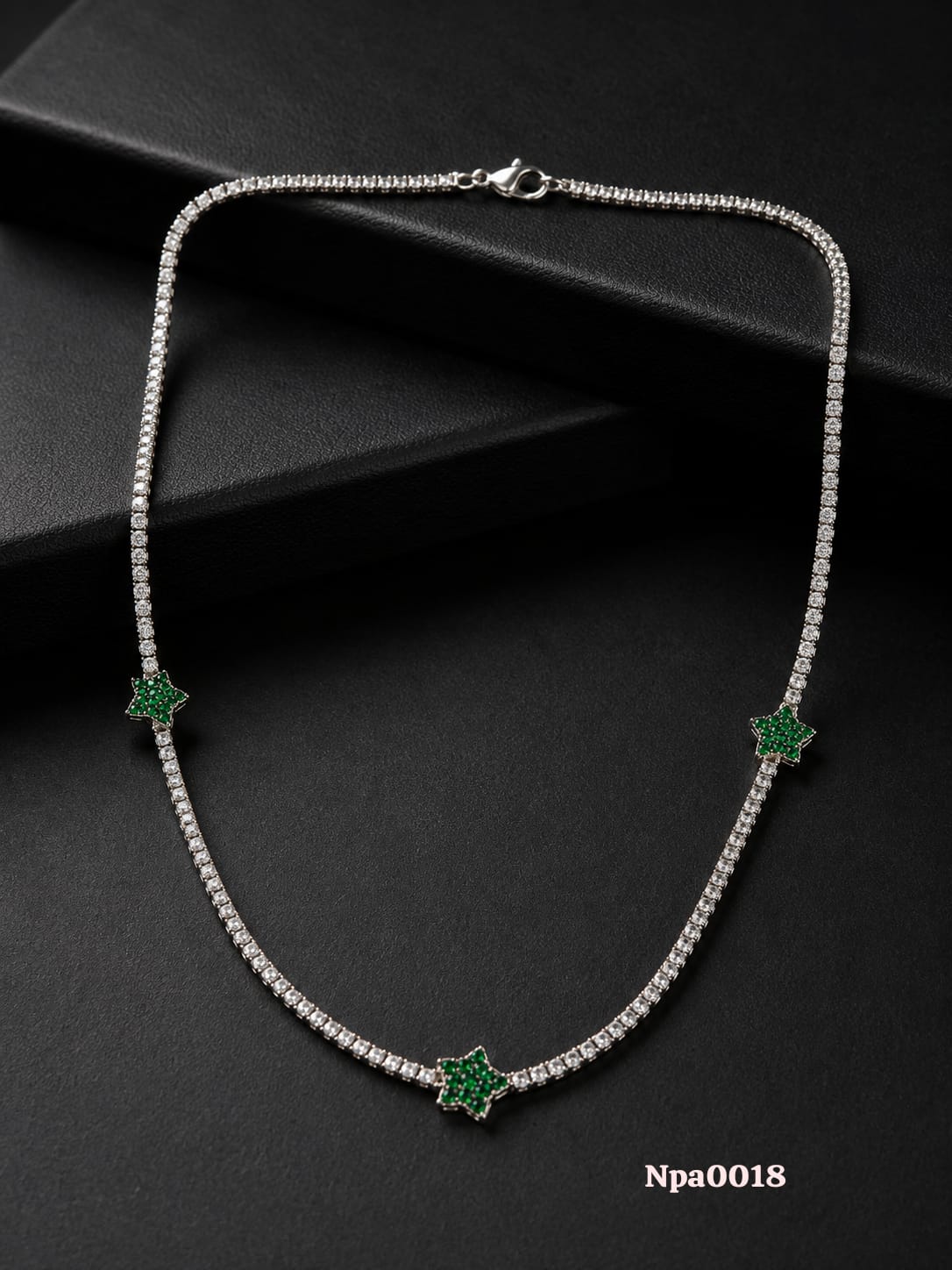CZ Tennis Necklace with Green Star Charms