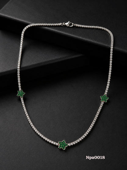 CZ Tennis Necklace with Green Star Charms