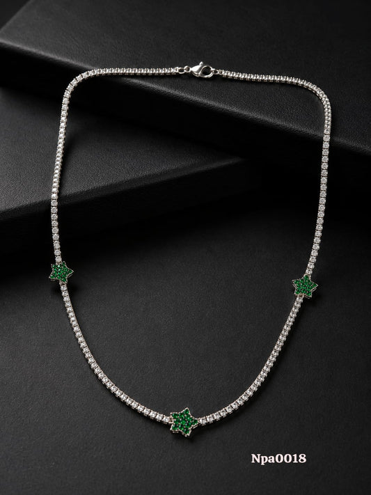 CZ Tennis Necklace with Green Star Charms