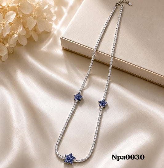 CZ Tennis Necklace with Blue Star Charms (Long)