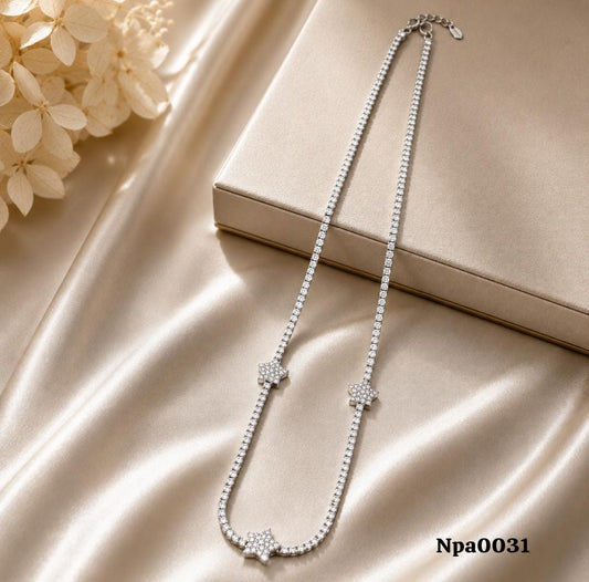 CZ Tennis Necklace with White Star Charms (Long)