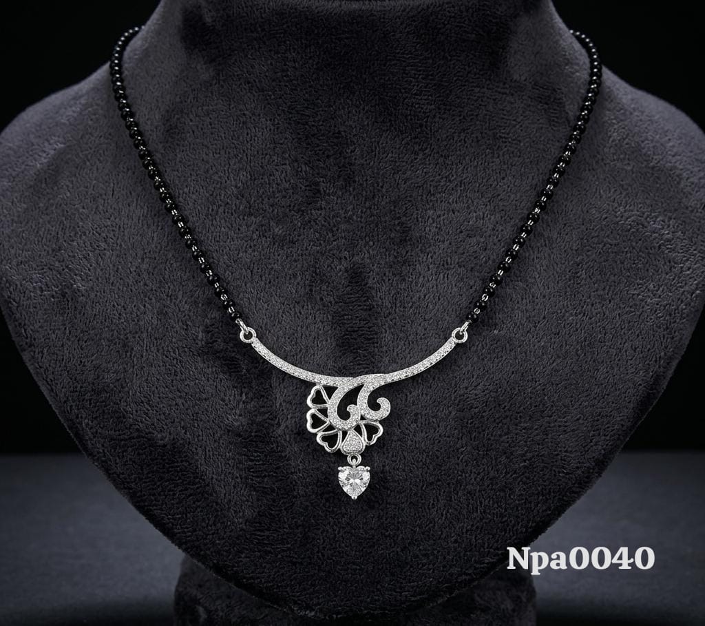 Black Bead Mangalsutra with Filigree Scroll & Heart Drop