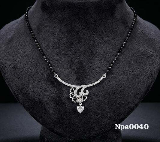 Black Bead Mangalsutra with Filigree Scroll & Heart Drop