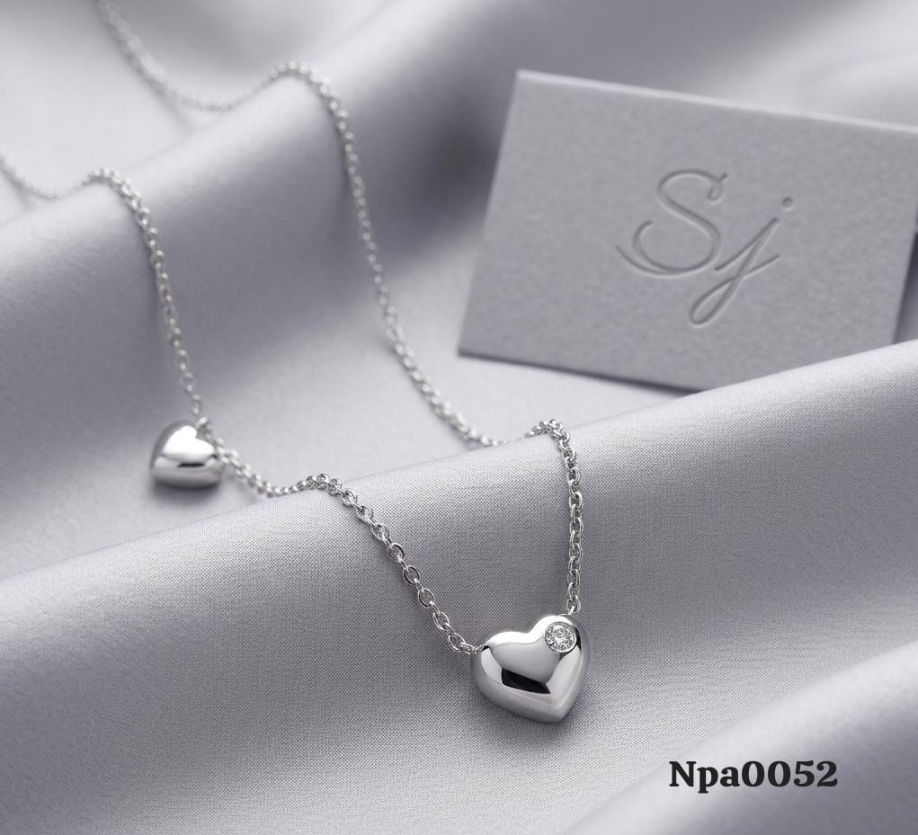 Double Puffed Heart Charm Necklace with CZ Accent