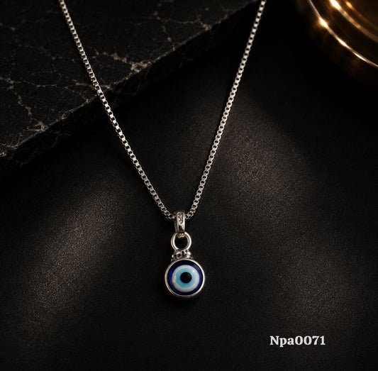 Small Round Blue Evil Eye Pendant on Silver Box Chain