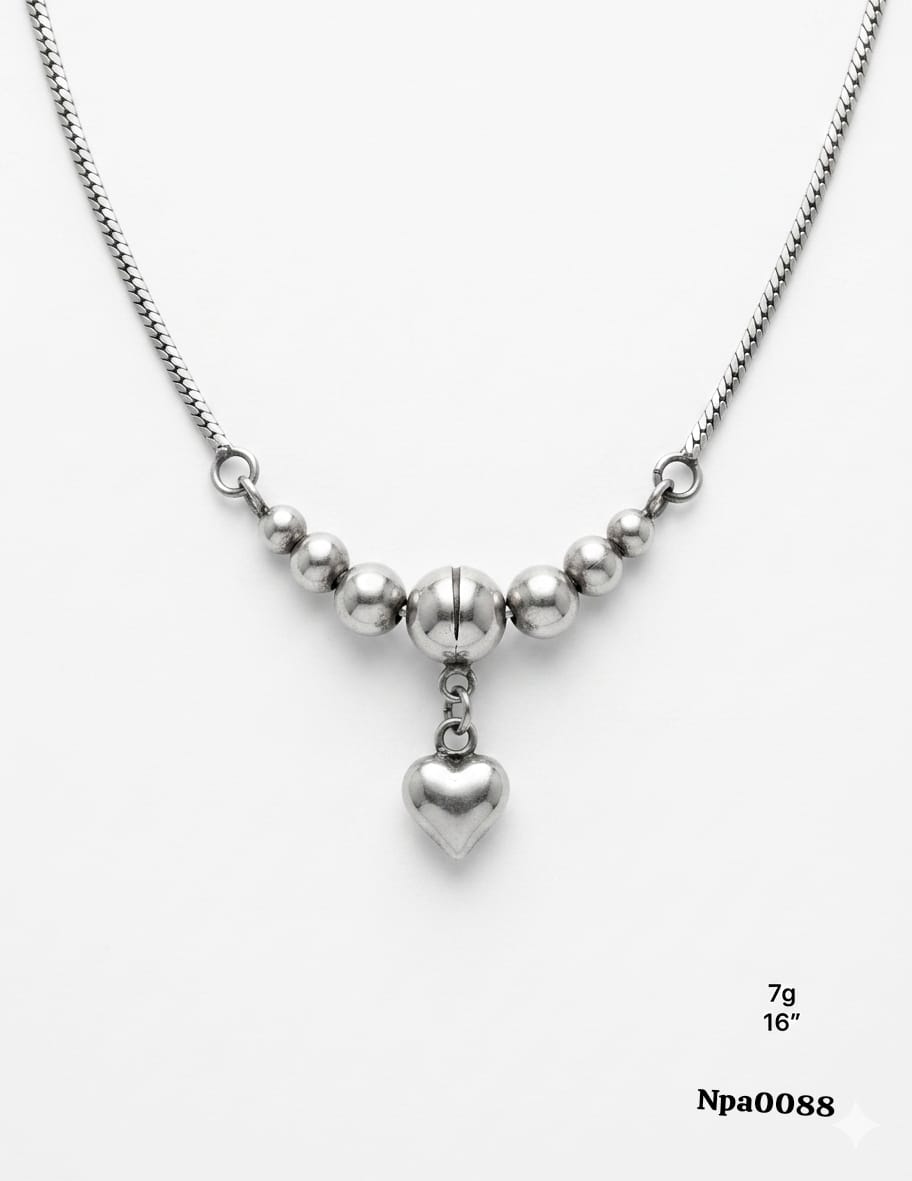 Silver Ball Cluster with Heart Drop on Snake Chain