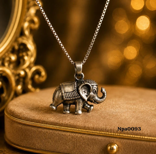Oxidized Silver Ornate Caparisoned Elephant Pendant Necklace