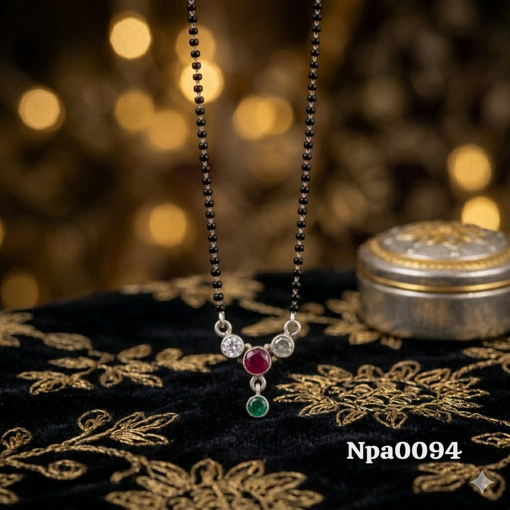 Black Bead Mangalsutra with Multi-Color Gemstone Bar