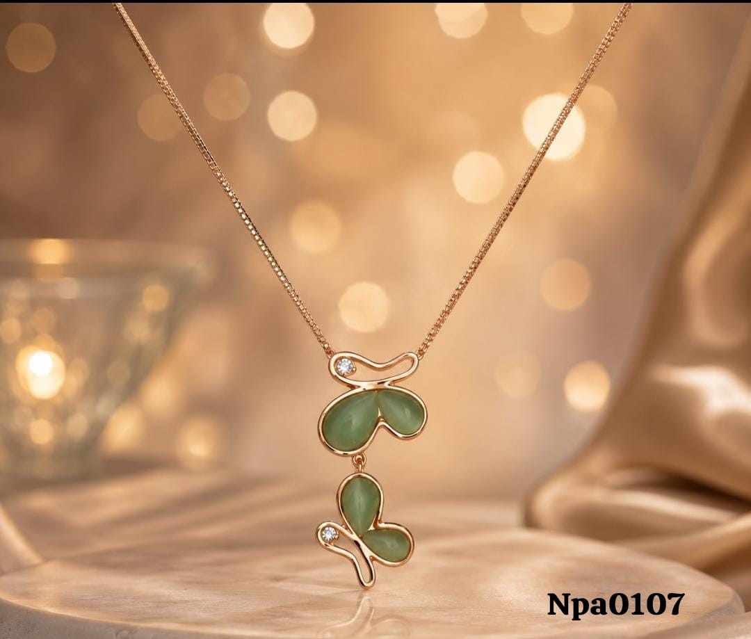 Gold Double Butterfly Pendant with Mint Jade Stones Necklace