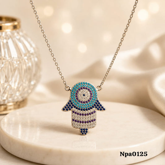Colorful Pave Hamsa Necklace (Turquoise & Purple)