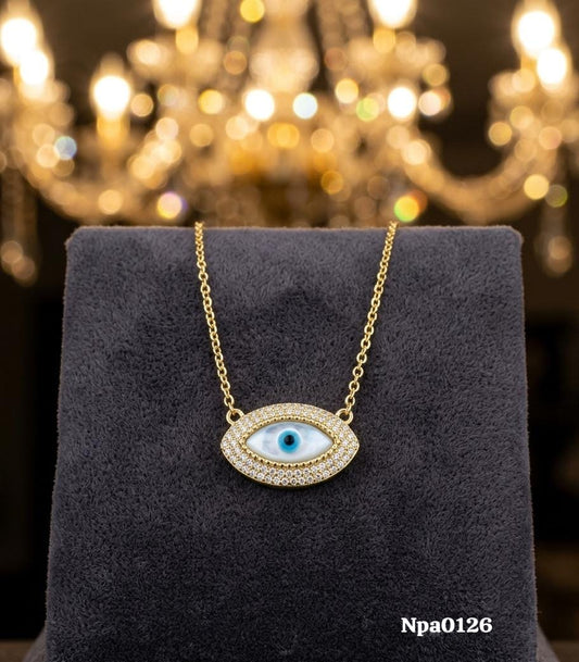 Gold CZ Pave Oval Evil Eye MOP Necklace
