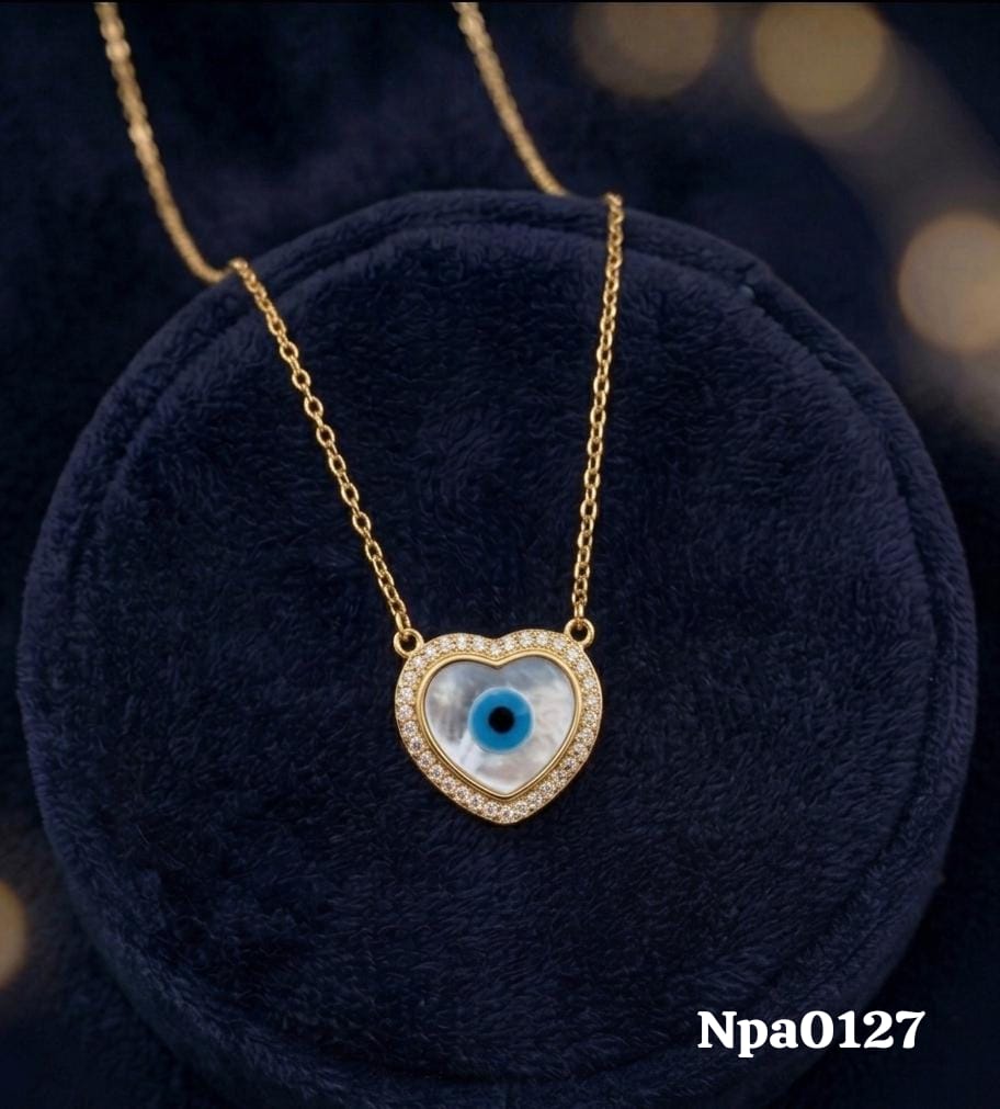 Gold CZ Halo Heart Evil Eye MOP Necklace