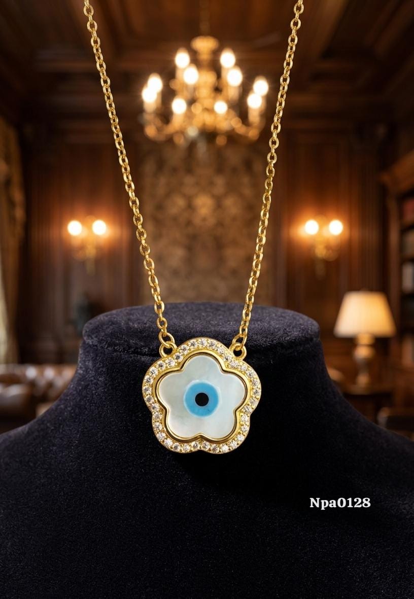 Gold CZ Flower Evil Eye MOP Necklace