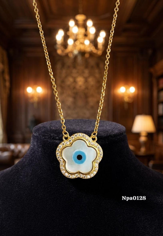 Gold CZ Flower Evil Eye MOP Necklace