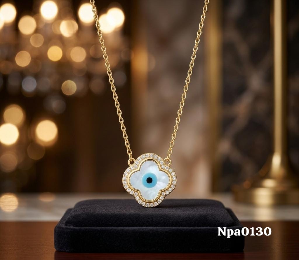 Gold CZ Clover Evil Eye MOP Necklace