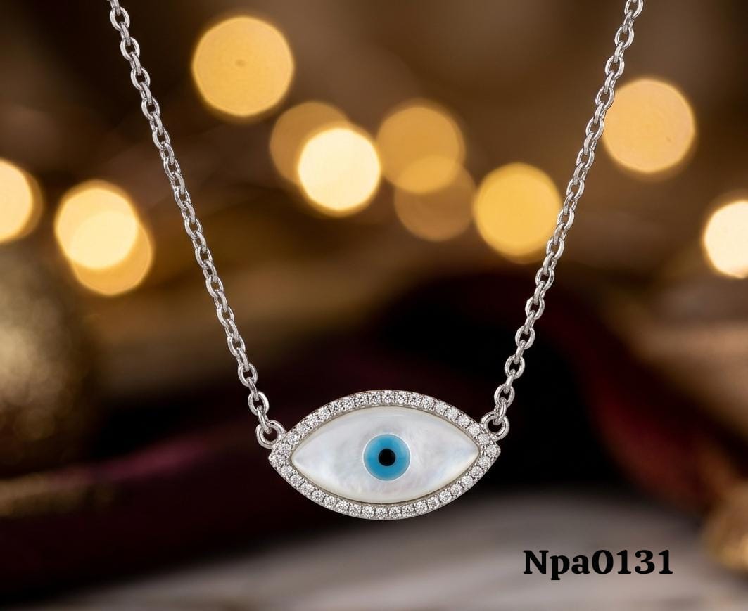 Silver CZ Oval Evil Eye MOP Necklace (Small)