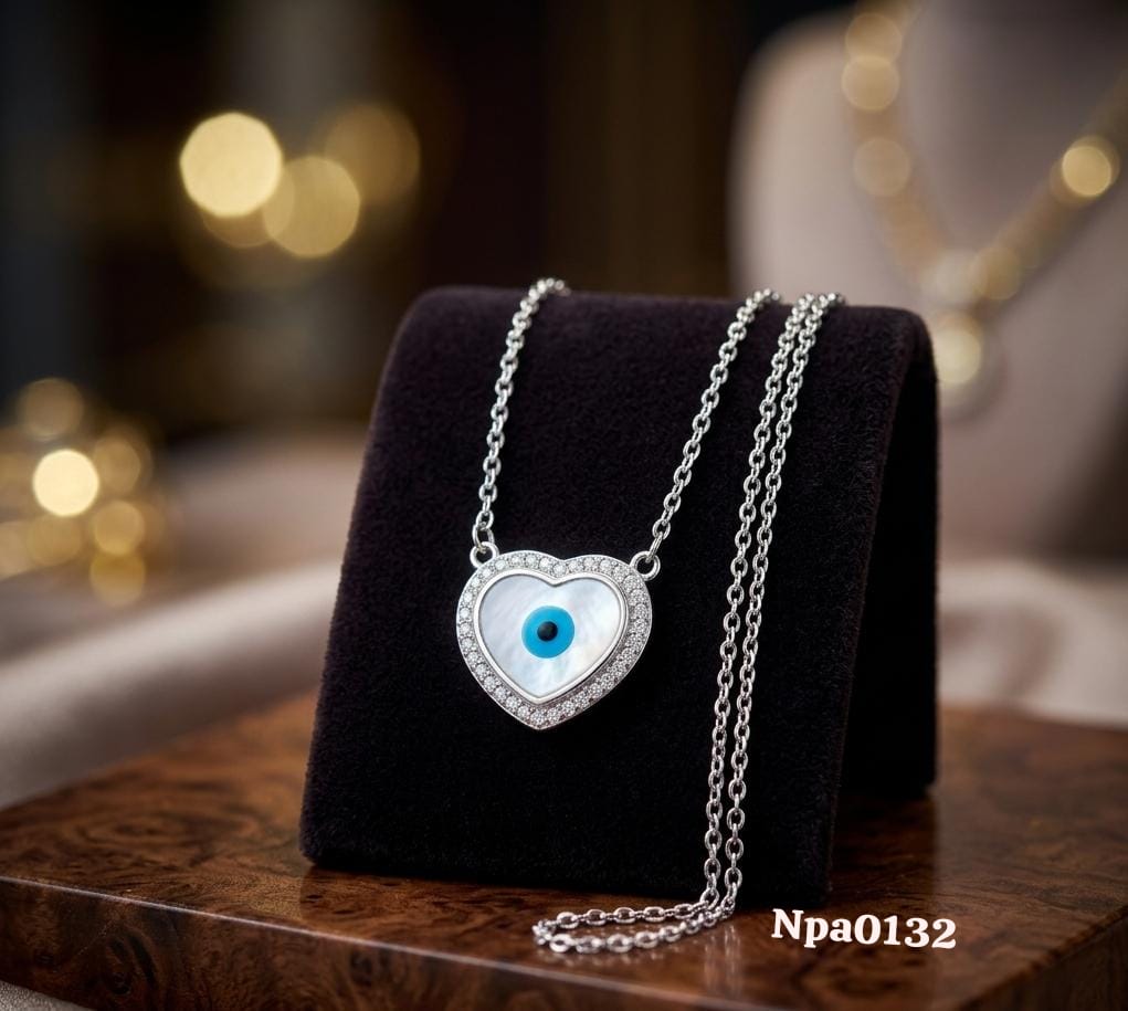 Silver CZ Halo Heart Evil Eye MOP Necklace