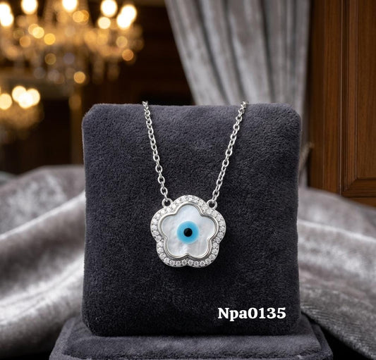Silver CZ Flower Evil Eye MOP Necklace