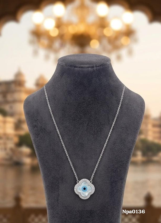 Silver CZ Clover Evil Eye MOP Necklace