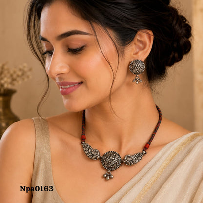 Floral and Peacock Motif Sterling Silver Choker Set