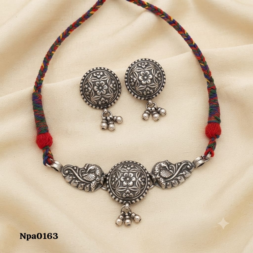 Floral and Peacock Motif Sterling Silver Choker Set