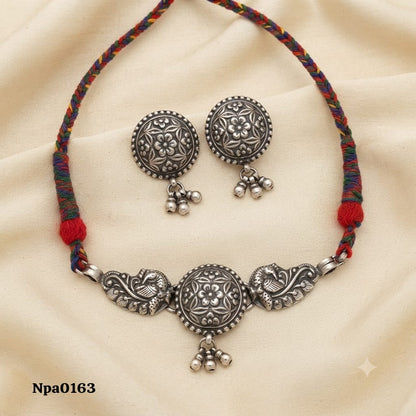 Floral and Peacock Motif Sterling Silver Choker Set