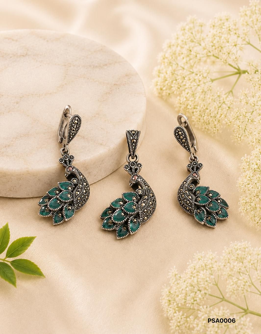 Emerald Majesty 92.5 Sterling Silver Peacock Set