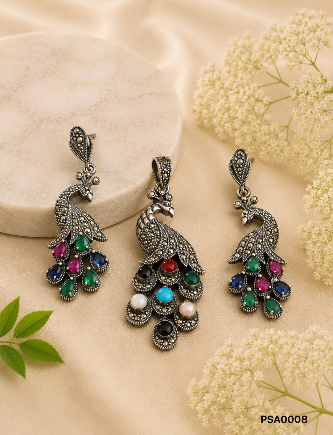 Vibrant Navratna-Style 92.5 Sterling Silver Peacock Set