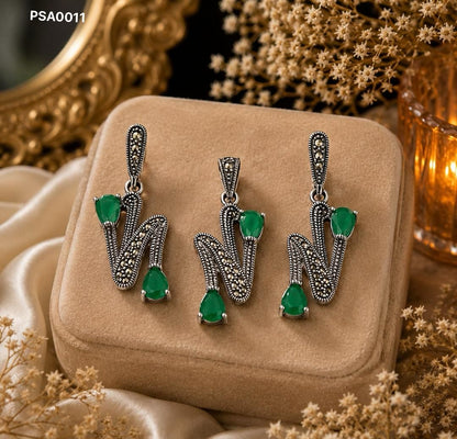 Emerald & Marcasite Wave Pendant Set