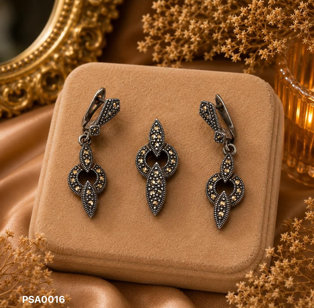 Marcasite Geometric Medallion Pendant Set