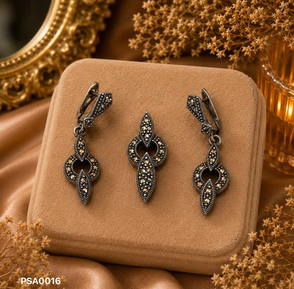 Marcasite Geometric Medallion Pendant Set