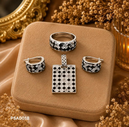 Checkerboard Monochrome Enamel & CZ Set