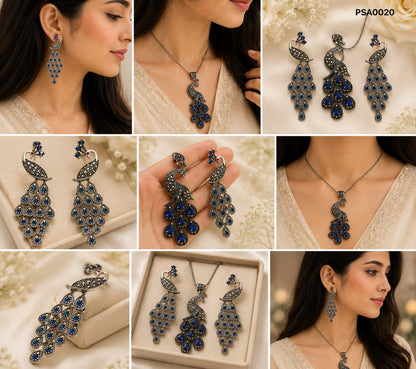 Peacock Motif Marcasite & Blue Stone Pendant Set
