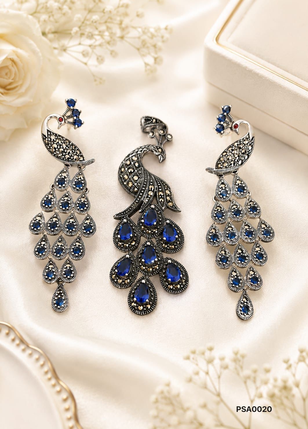 Peacock Motif Marcasite & Blue Stone Pendant Set