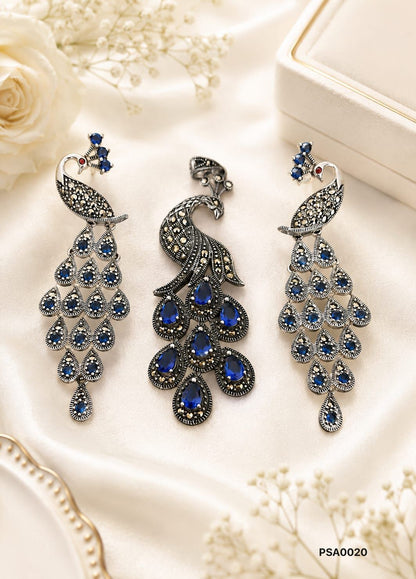 Peacock Motif Marcasite & Blue Stone Pendant Set