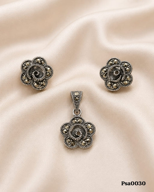 Floral Motif Marcasite Sterling Silver Pendant Set