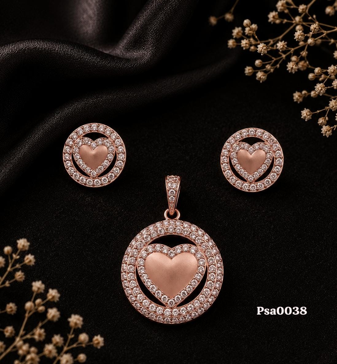Heart-in-Circle Motif Rose Gold-Tone Sterling Silver Pendant Set