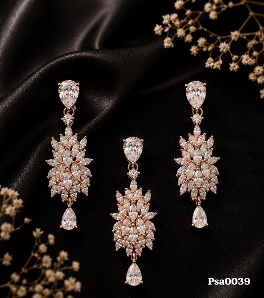 Floral Drop Motif Rose Gold-Tone Sterling Silver Pendant Set