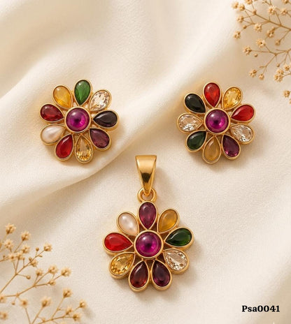 Multi-Colored Stone Floral Motif Pendant Set