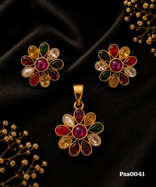 Multi-Colored Stone Floral Motif Pendant Set