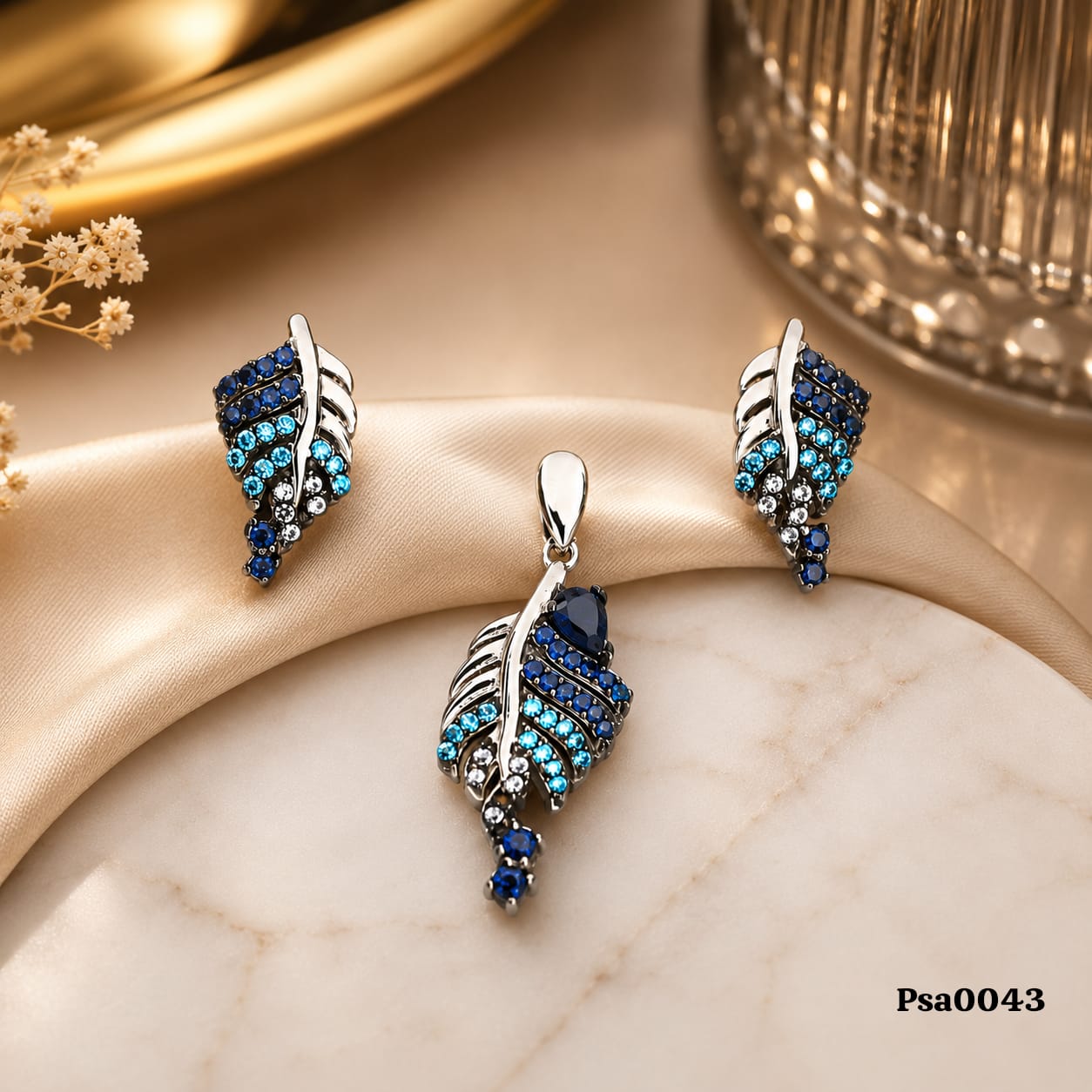 Feather Motif Blue Ombré Sterling Silver Pendant Set