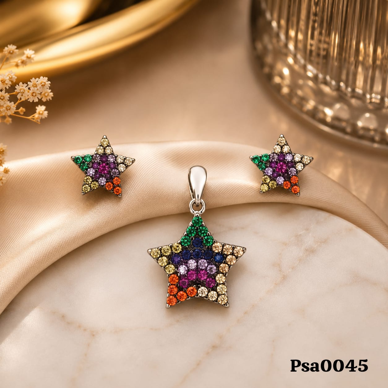 Star Motif Multi-Colored Stone Pendant Set