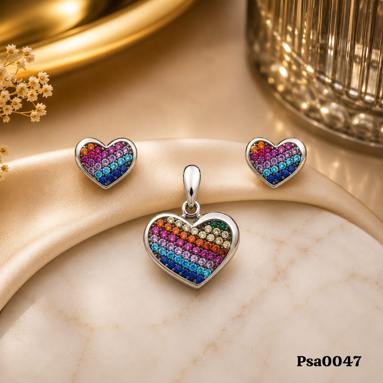 Rainbow Stripe Heart Sterling Silver Pendant Set
