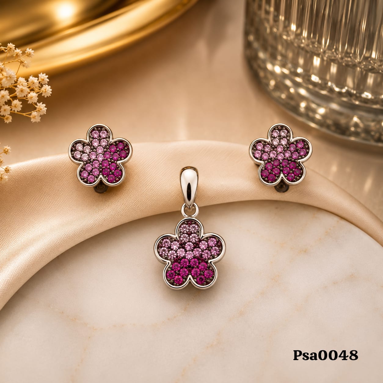 Floral Motif Pink Ombré Sterling Silver Pendant Set