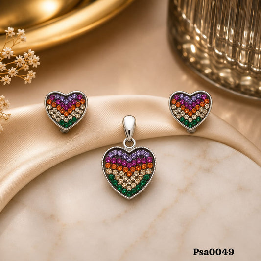 Multi-Color Band Heart Sterling Silver Pendant Set