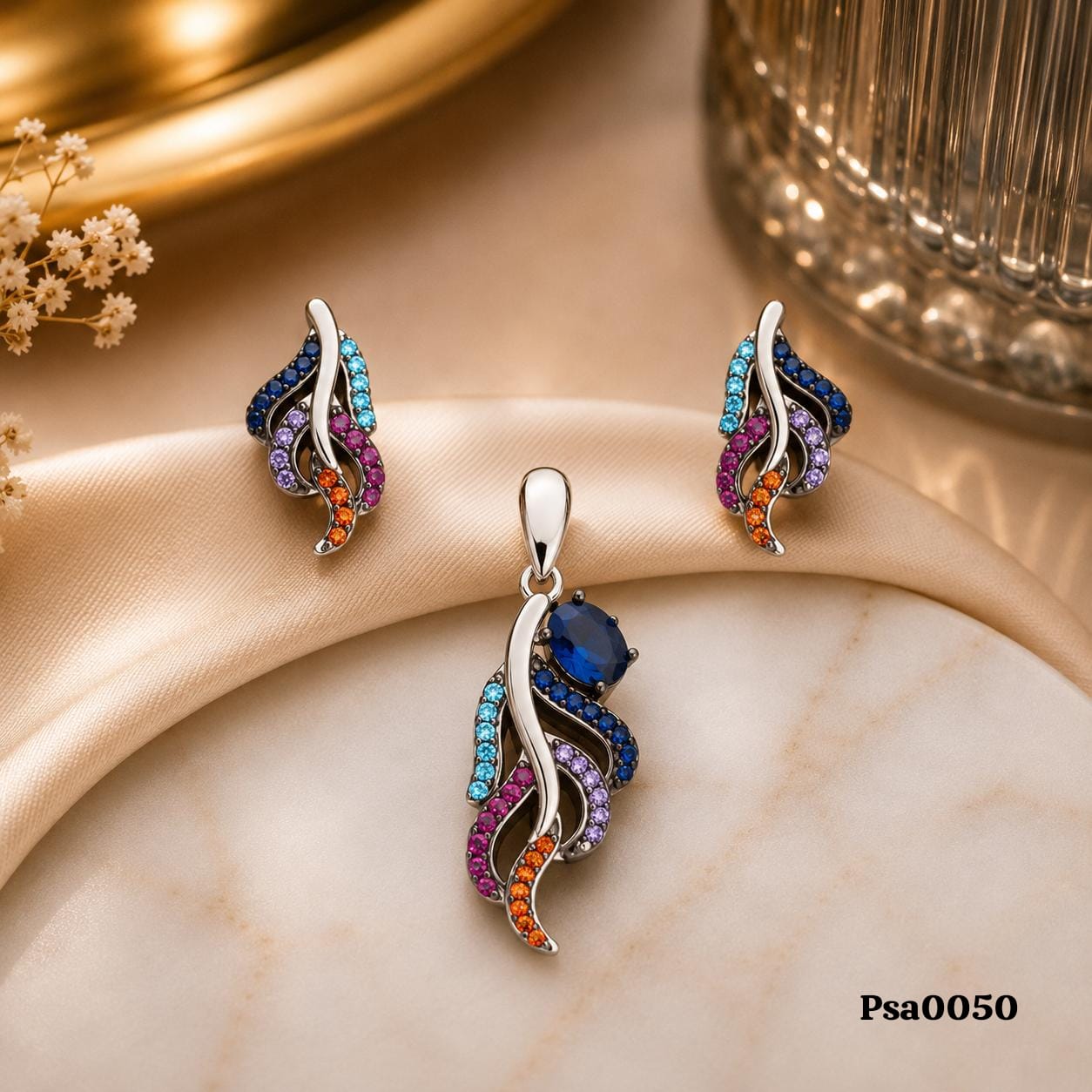Floral Motif Multi-Colored Stone Pendant Set