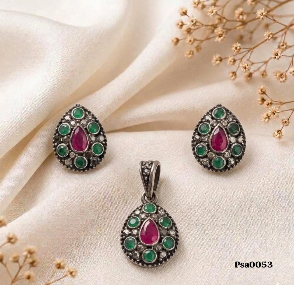 Ruby Floral Cluster Marcasite Pendant Set