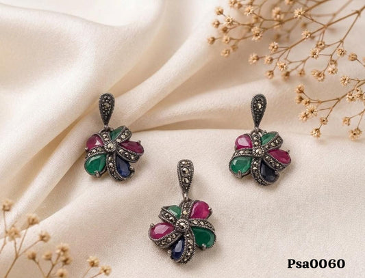 Multi-Color Marcasite Petal Oxidized Silver Pendant Set
