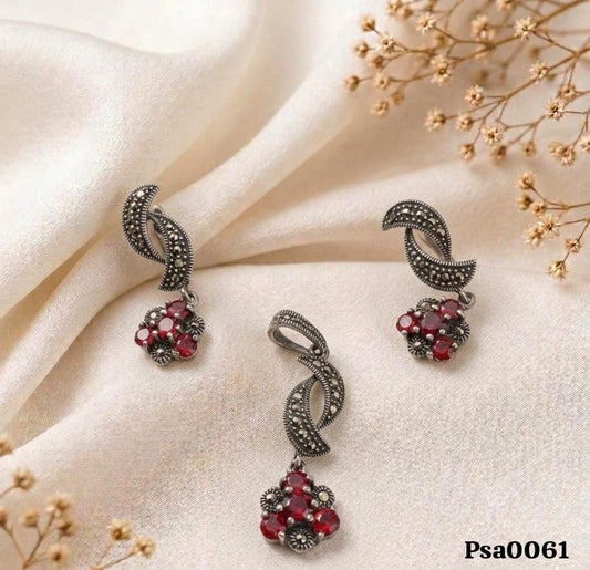 Ruby Floral Marcasite Drop Oxidized Silver Pendant Set