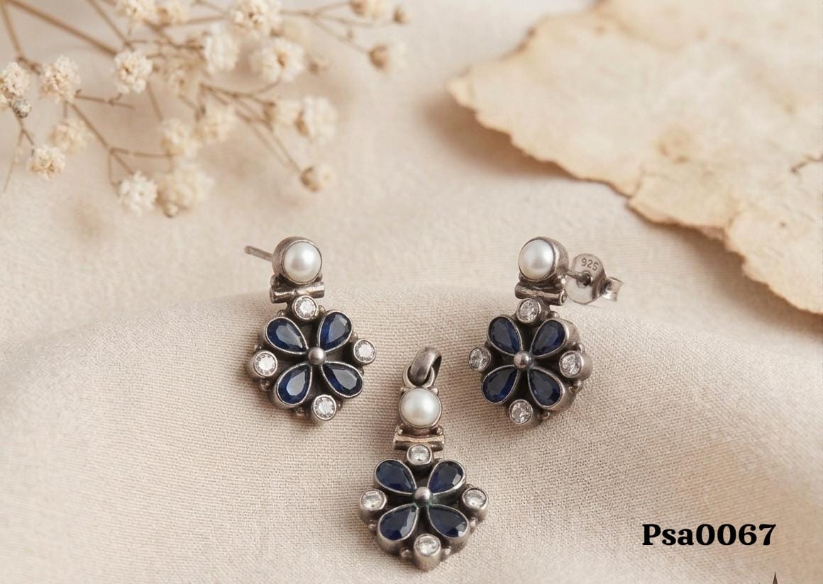 Blue Stone Pearl Heart Floral Oxidized Silver Pendant Set